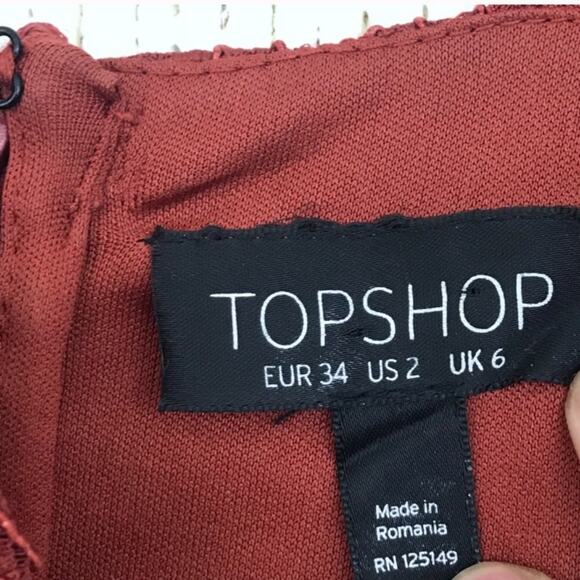 TopShop Size 2 Rust Orange Lace Bodycon Tunic Mini Dress Floral Embroidery - Picture 7 of 8